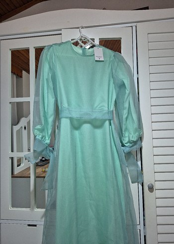 Turkuaz Transparan Uzun Kollu Uzun Elbise - Görsel 2