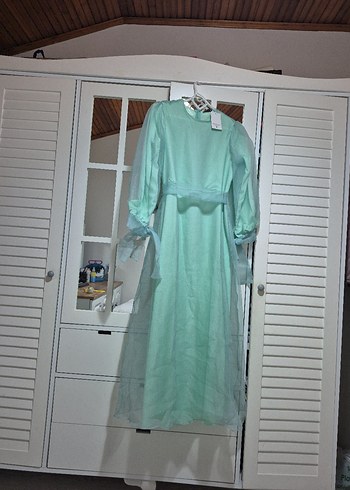 Turkuaz Transparan Uzun Kollu Uzun Elbise - Görsel 6