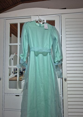 Turkuaz Transparan Uzun Kollu Uzun Elbise - Görsel 3