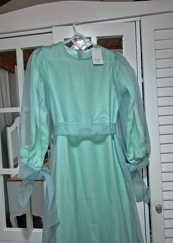 Turkuaz Transparan Uzun Kollu Uzun Elbise - Görsel 5