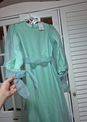 Turkuaz Transparan Uzun Kollu Uzun Elbise - Görsel 4