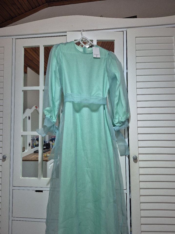 Turkuaz Transparan Uzun Kollu Uzun Elbise - Görsel 3