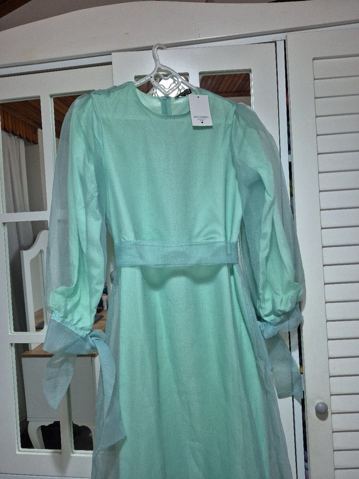 Turkuaz Transparan Uzun Kollu Uzun Elbise - Görsel 5