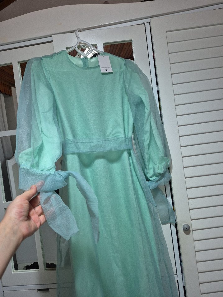 Turkuaz Transparan Uzun Kollu Uzun Elbise - Görsel 4