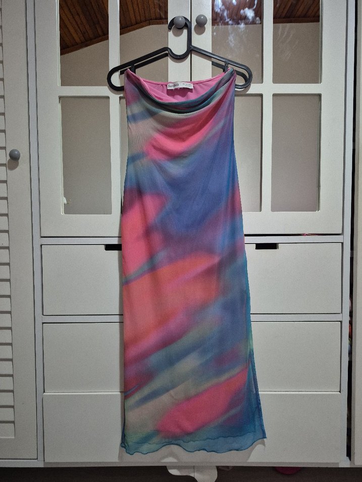 Pastel Renkli Straplez Uzun Elbise - Görsel 3