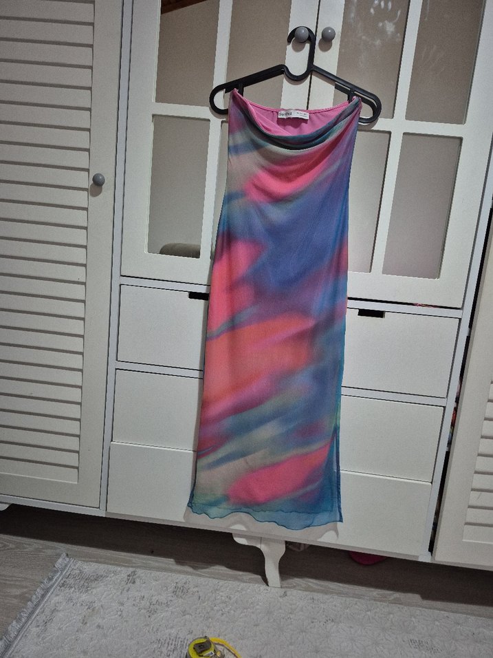 Pastel Renkli Straplez Uzun Elbise - Görsel 5