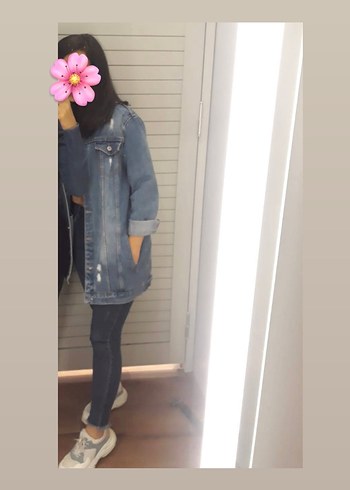 Kadın Gri Mavi Batik Desenli Denim kot Ceket