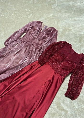 Bordo Uzun Kollu Drapeli Kadın Abiye - Görsel 5