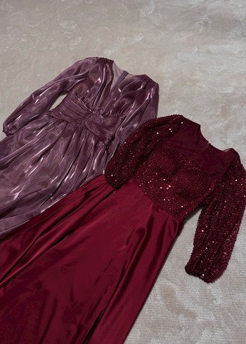 Bordo Uzun Kollu Drapeli Kadın Abiye - Görsel 4