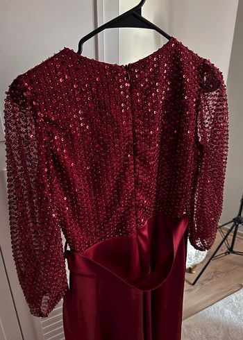 Bordo Uzun Kollu Drapeli Kadın Abiye - Görsel 6