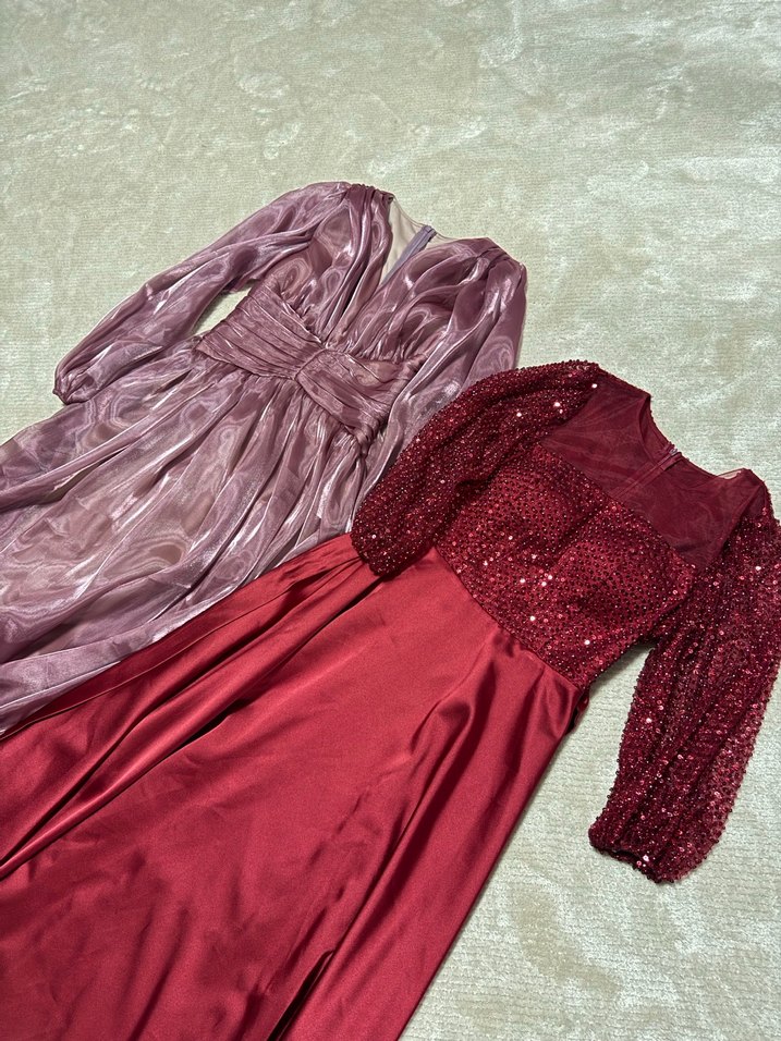 Bordo Uzun Kollu Drapeli Kadın Abiye - Görsel 5