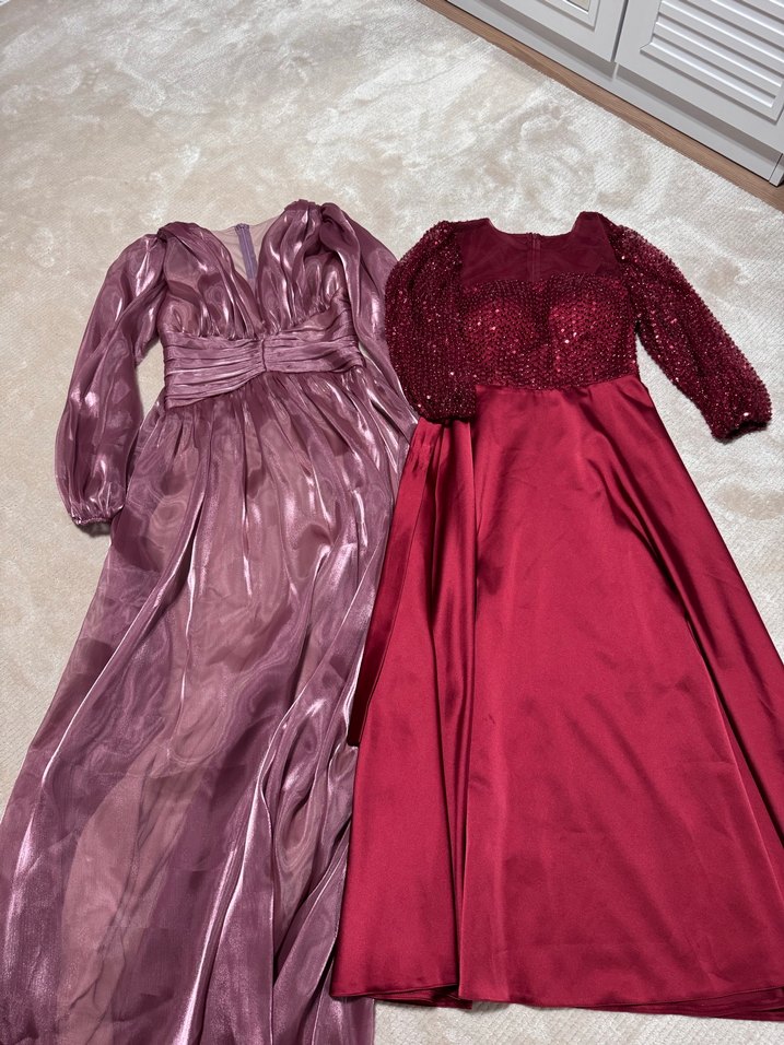 Bordo Uzun Kollu Drapeli Kadın Abiye - Görsel 2