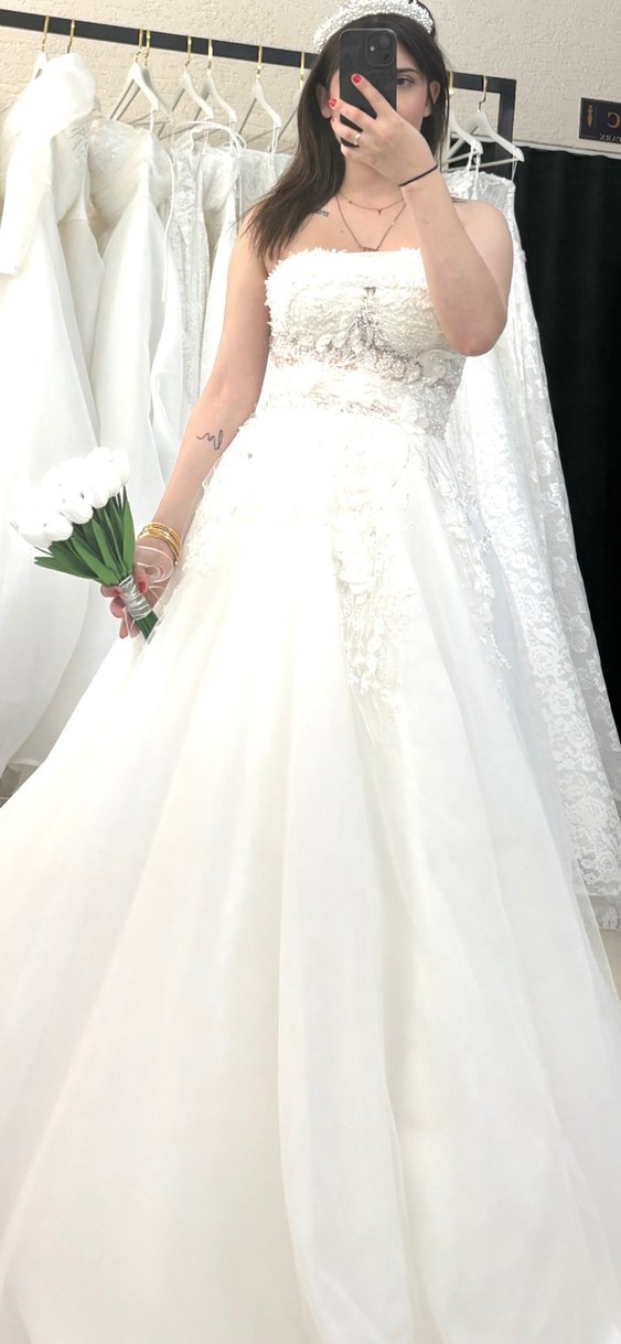 İşlemeli Straplez A Kesim Beyaz Gelinlik - Görsel 2