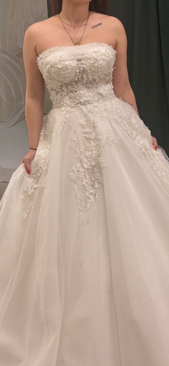 İşlemeli Straplez A Kesim Beyaz Gelinlik - Görsel 3