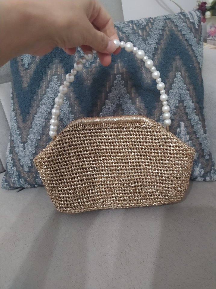 İnci Saplı  Örgü Kadın Portföy Çanta - Görsel 2