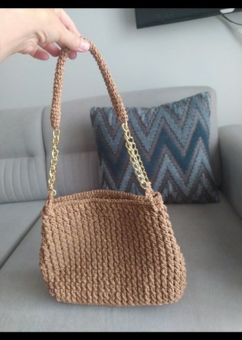 Zincir Detaylı Bej Örgü Kadın Çanta - Görsel 5