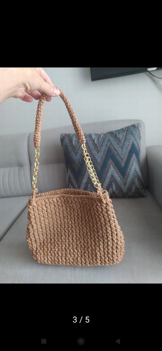 Zincir Detaylı Bej Örgü Kadın Çanta - Görsel 5