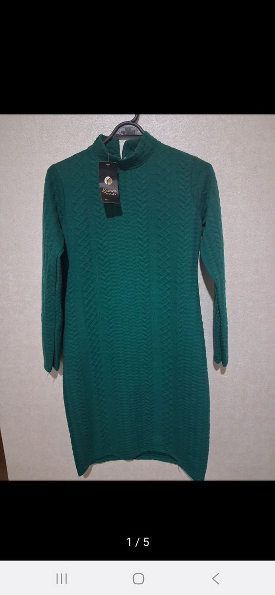 Kadın Yeşil Triko Boğazlı Midi Elbise - Görsel 4