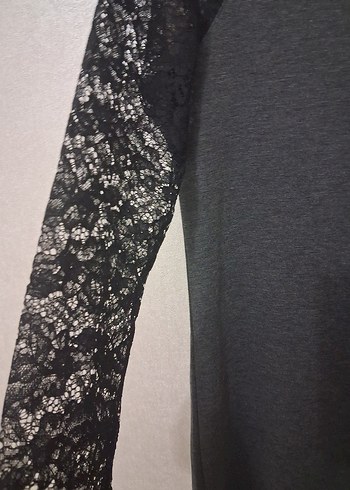 Gri Dantel Kollu Midi Triko Elbise - Görsel 4