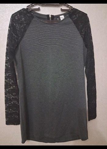 Gri Dantel Kollu Midi Triko Elbise - Görsel 3