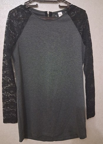 Gri Dantel Kollu Midi Triko Elbise - Görsel 6