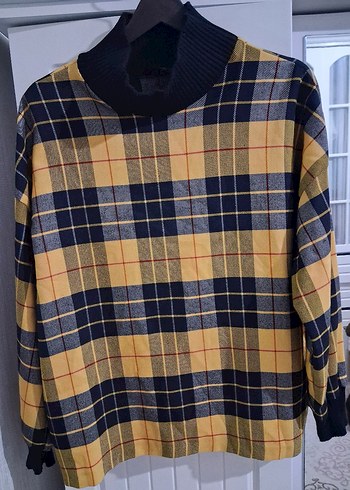 Sarı Ekose Desenli Boğazlı Kadın bluz - Görsel 4