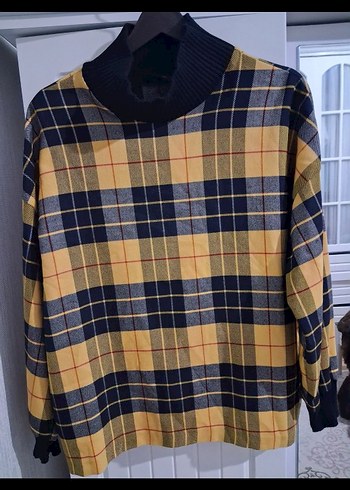 Sarı Ekose Desenli Boğazlı Kadın bluz - Görsel 2