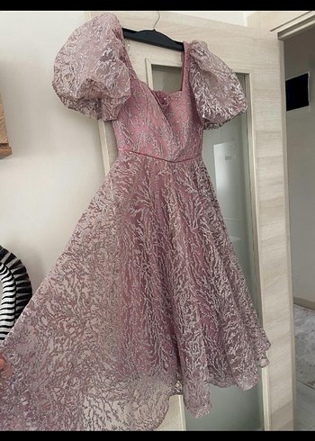l Beden Dantel Detaylı Pembe Uzun Abiye Elbise