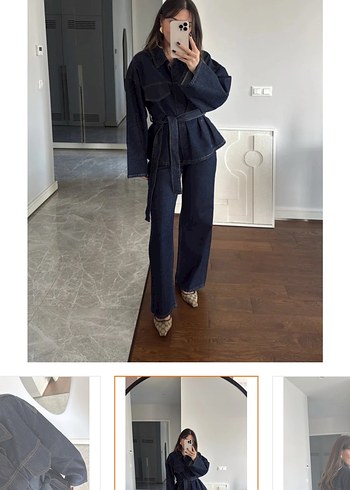 Kadın Siyah Kemerli Kot Ceket - Görsel 5