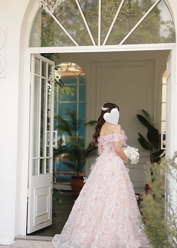 Pudra Pembe Uzun Transparan Straplez Nişan Elbisesi - Görsel 4