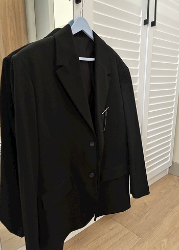 52 Beden siyah Renk Kadın Siyah Keten Düğmeli Ofis Blazer