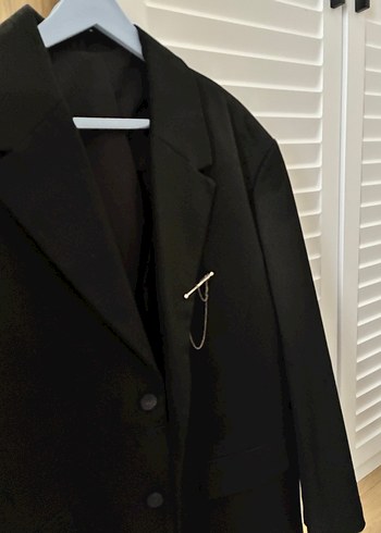 52 Beden Kadın Siyah Keten Düğmeli Ofis Blazer