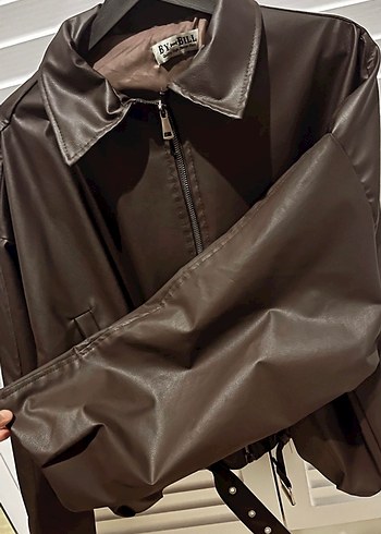 Kahverengi Deri Kemerli Kadın Ceket - Görsel 4