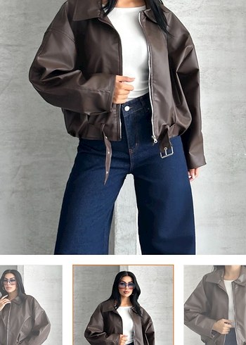 Kahverengi Deri Kemerli Kadın Ceket - Görsel 3