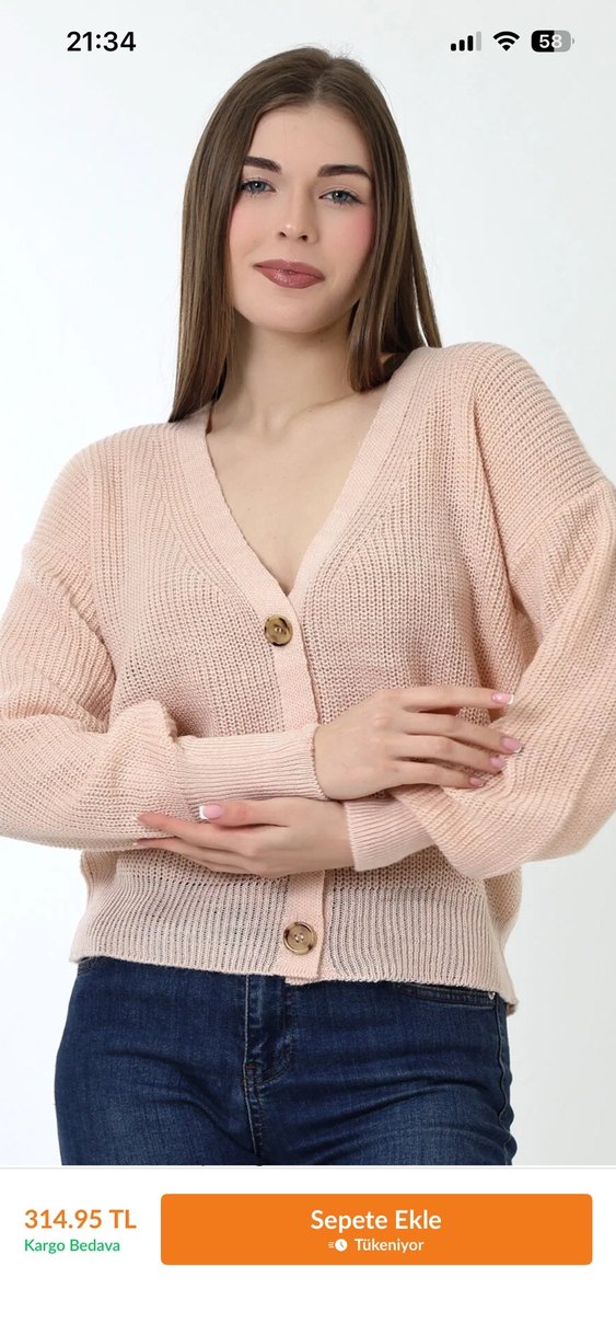 V Yaka Düğmeli Bej Midi Hırka - Görsel 2