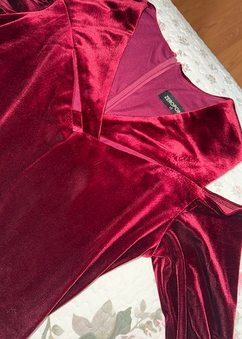 40 Beden bordo Renk Bordo V Yakalı Kadife Midi Elbise