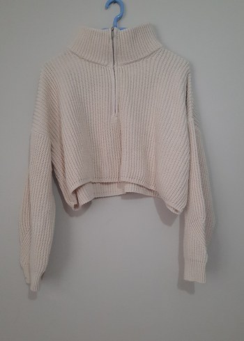 Bej Yarım Fermuarlı Örgü Kadın Kazak - Görsel 2