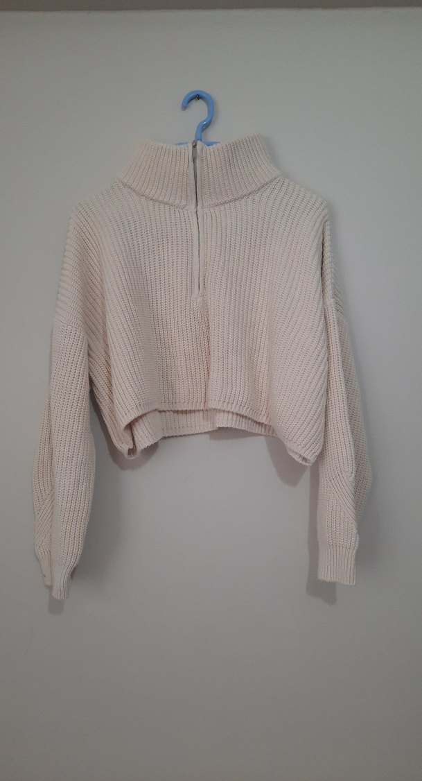 Bej Yarım Fermuarlı Örgü Kadın Kazak - Görsel 2