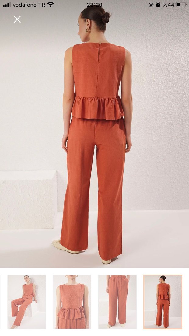 Kadın Turuncu Keten Volanlı Kolsuz ikili takım - Görsel 2