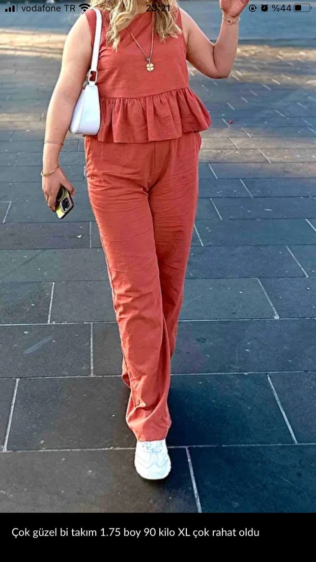 Kadın Turuncu Keten Volanlı Kolsuz ikili takım - Görsel 5