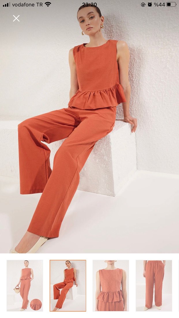 Kadın Turuncu Keten Volanlı Kolsuz ikili takım - Görsel 3