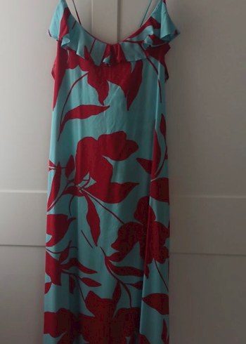 Mavi V Yaka Fırfırlı Bohem Uzun Elbise - Görsel 4