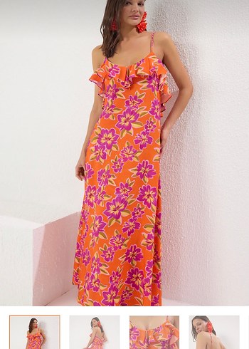 Mavi V Yaka Fırfırlı Bohem Uzun Elbise - Görsel 3