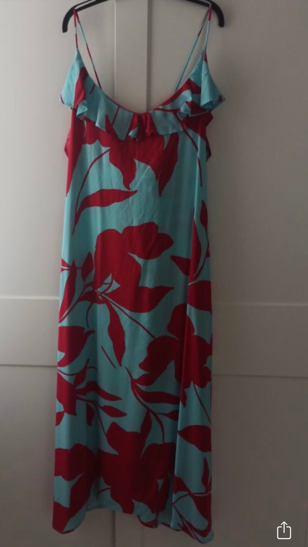 Mavi V Yaka Fırfırlı Bohem Uzun Elbise - Görsel 4