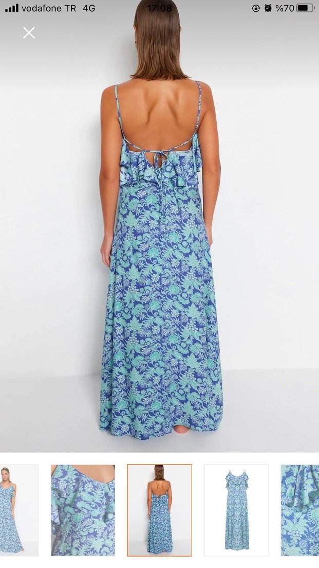 Mavi V Yaka Fırfırlı Bohem Uzun Elbise - Görsel 2