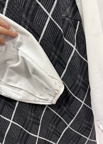 Uzun Kollu Beyaz Gri Kareli gömlek elbise - Görsel 4