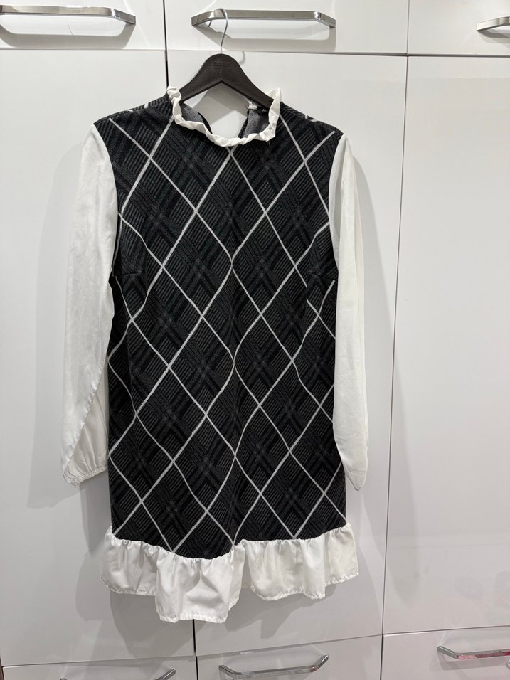 Uzun Kollu Beyaz Gri Kareli gömlek elbise - Görsel 2