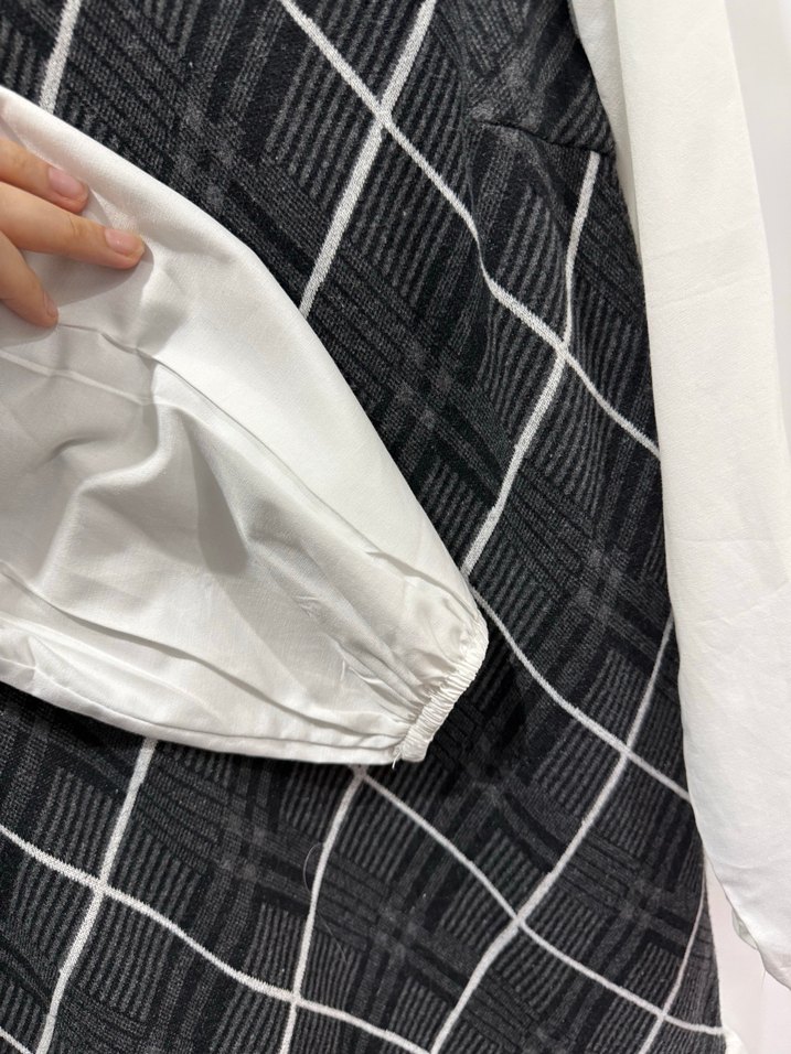 Uzun Kollu Beyaz Gri Kareli gömlek elbise - Görsel 4