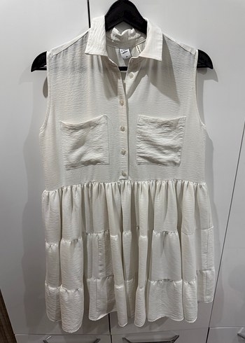 Beyaz Kolsuz Pilili Mini Elbise - Görsel 2