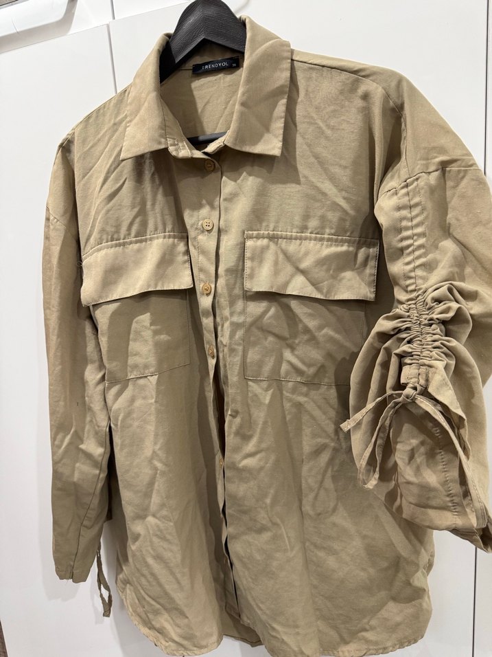 Bej  Desenli Düğmeli Kadın Gömlek - Görsel 2